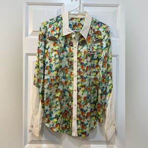Rebecca Minkoff Silk Cut Out Blouse Micro Floral Pearl Snap Button Women Sz 12